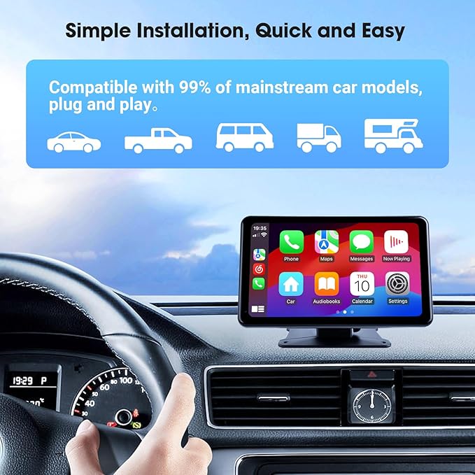 Haudio 7" Portable Wireless CarPlay & Android Auto Car Stereo with Backup Camera, 7" HD Touch Screen, GPS, Voice Control, Plug & Play for Older Cars - Universal Fit