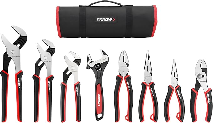 ARROW 8-Piece Pliers and Wrench Set, 12"/10"/8" Groove Joint Pliers, 8" & 6" Long Needle Nose, 8" Linesman, 6" Slip Joint, 8" Adjustable Wrench, Dual-Color TPR Handles, Roll-Up Pouch Included