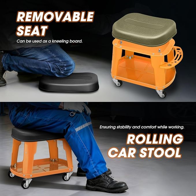 DNA Motoring Removable Rolling Garage Stool with Seat Cushion & Tool Tray Plate, 300lbs Max Weight Capacity, Orange, TOOLS-00479-OG