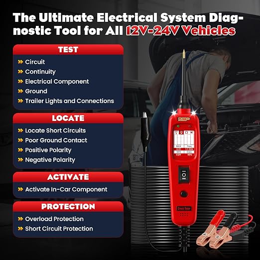 PS100PRO Automotive Circuit Tester and Short Finder, 12V/24V Power Circuit Probe Kit with AC/DC Voltage Tester, Current Probe, Component Activation Tool, Includes 20FT+20FT Cable