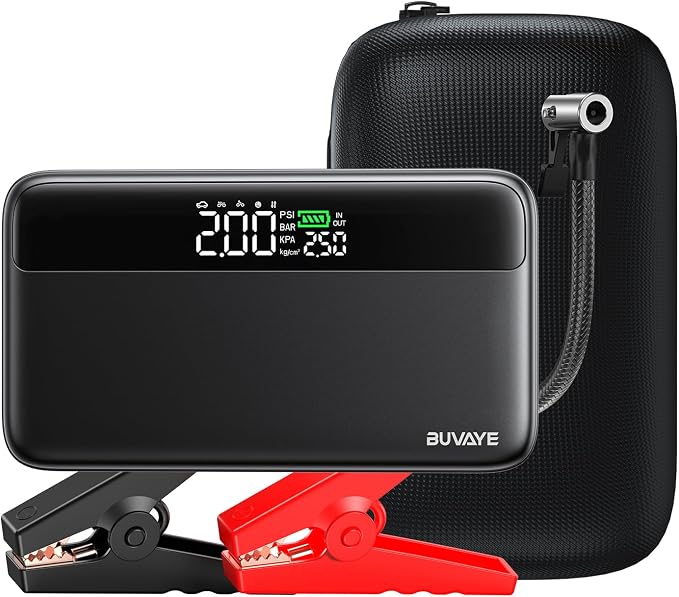 Jump Starter with Air Compressor, 5000A Battery Jumper Starter Portable (All Gas and 10L Diesel) with 150PSI Auto-Shutoff Tire Inflator 12V Car Battery Charger with Jumper Cable LED Light