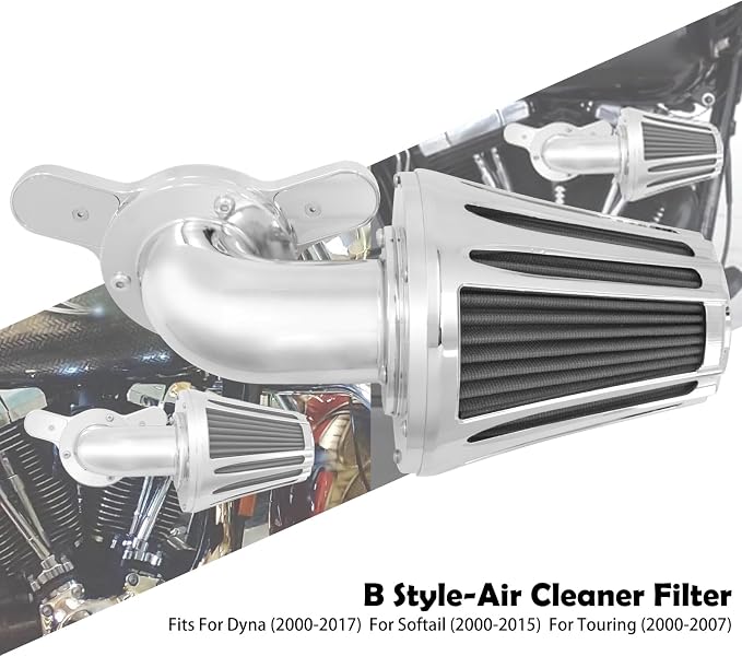 Motorcyle Air Cleaner Filter CNC 90° Forward-Facing Kit Fit for Harley Softail Touring Trike Sportster XL Dyna (Chrome Housing Grey Element, B For Touring 00-07,Softail 00-15,Dyna 00-17)
