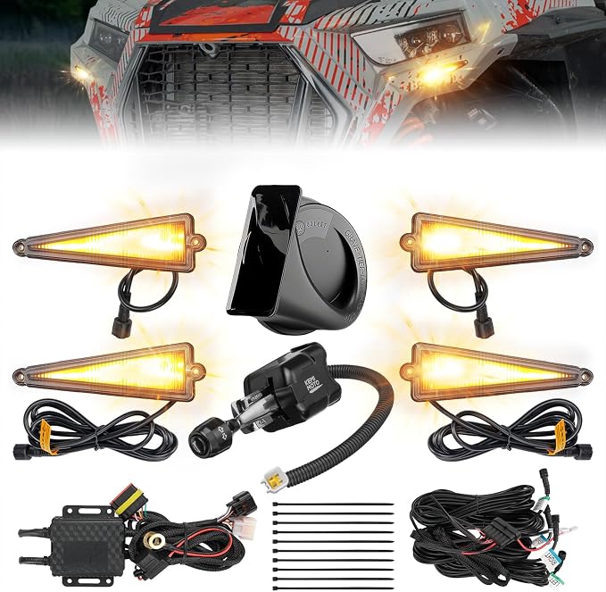 KEMIMOTO UTV Triangle Turn Signal Kit with Lever Switch and 110 dB Horn | Pre-Wired, Plug and Play, Universal Street Legal Kit, Compatible with Polaris, Can-Am, Kawasaki, CFMOTO