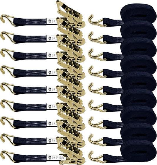 1.5 inch Ratchet Straps Heavy Duty 8 Pack 1-1/2 in x 12ft Cargo Load Tie Down Strap Double J Hook Black 2200lbs Working Load for Trucks