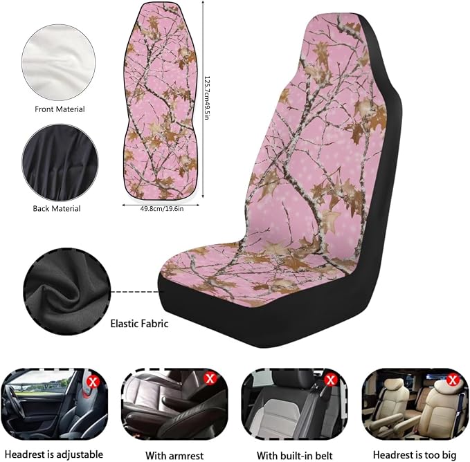 Pink Camo Hunting Car Accessories Set of 11 Car Front Seat Cover Steering Wheel Cover Seat Belt Pads Elastic Fabrics Gear Lever Cover Universal Fit Most Cars SUV