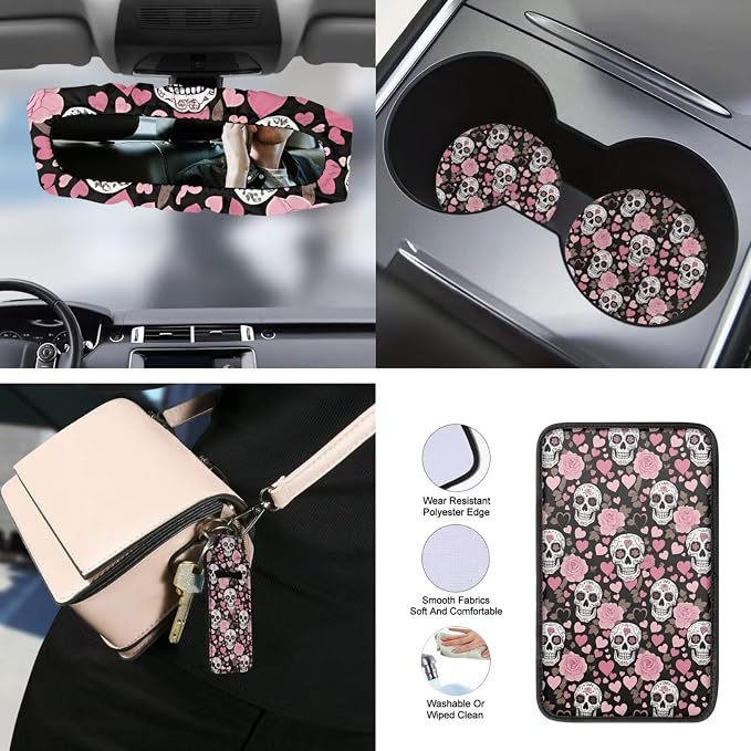 Rose Skull Print Car Interior Cover Set Includes High Back Seat Covers Steering Wheel Cover Safety Belt Pads Headrest Covers Center Console Pad Cup Cushions Key Chain for Men Women