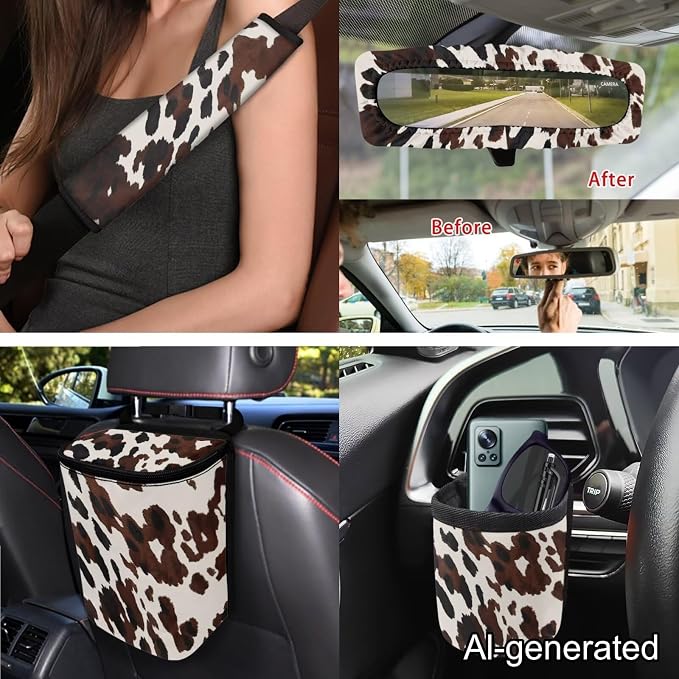 Dreaweet Brown Cow Print Car Seat Covers Full Set for Women Cute Car Accessories Seat Cover with Wheel Cover Seatbelt Covers Car Coasters Trash Bag Vent Storage Bag Rearview Mirror Cover Keychain