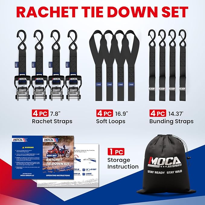 MOCA 15ft Heavy Duty Ratchet Tie Down Straps 1.6" x 15' (5,200 Lbs Breaking Strength), Tie Down Straps with Coated Chromoly S Hooks for Trucks, Cargo, Motorcycle, Cargo & More, Carry Bag, Black