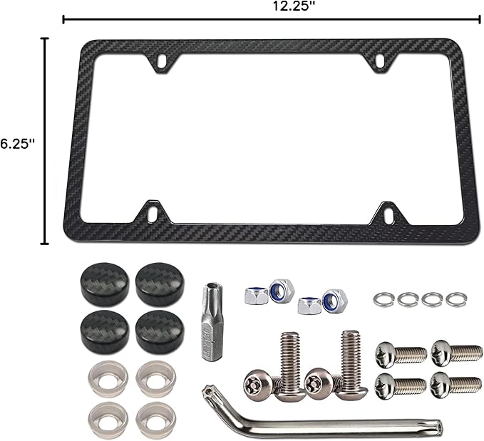 BGGTMO Carbon Fiber License Plate Frame-Stainless Steel License Plate Frames Handmade Covering 100% Real Carbon Fiber | Stainless Steel Tamper Proof License Plate Screws, 4 Hole Slim Frame 1 Pack