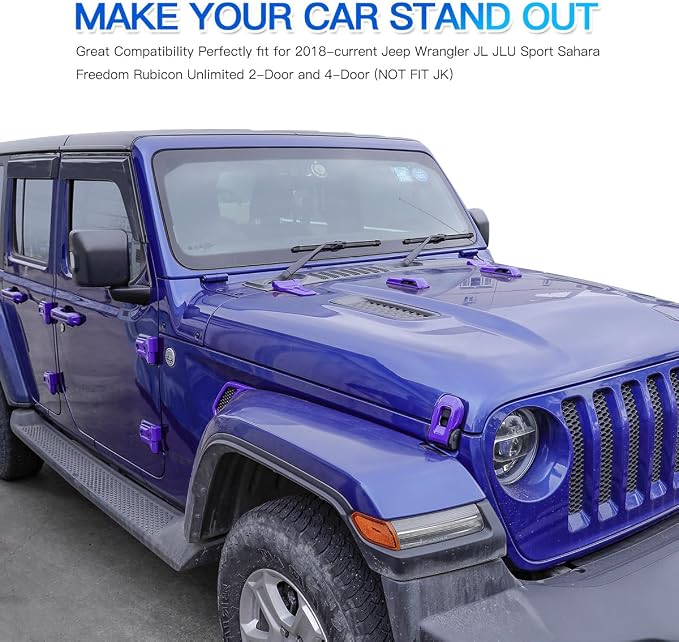 Barong for Jeep Wrangler JL JLU 2018-2025 Accessories Exterior Decoration Door Hinge Handle Engine Hood Hinge Hood Latch Wheel Eyebrow Side Air Outlet Rear Window Hinge Cover 26PCS Full Set(Purple)