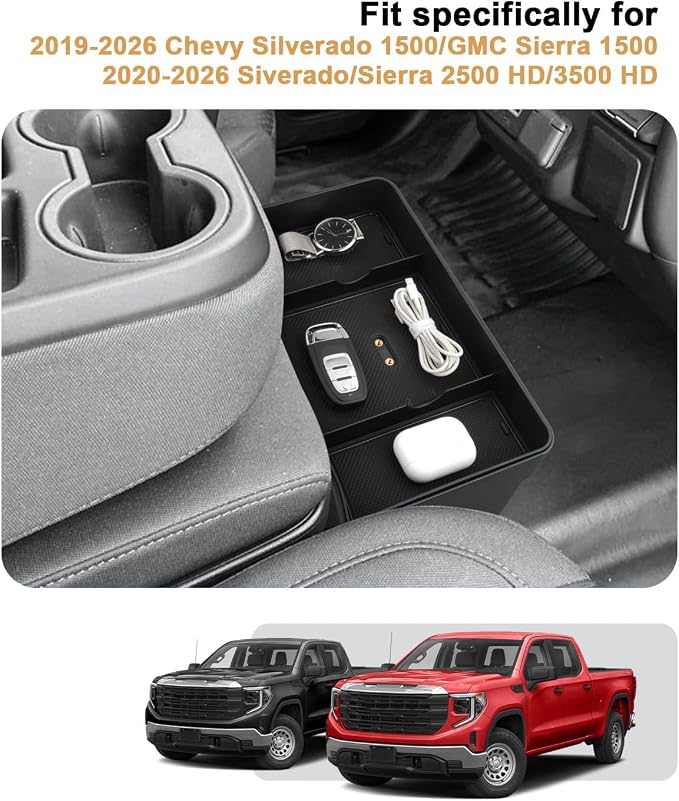 ECOZEN Center Console Tray For 2019-2026 Chevy Silverado/GMC Sierra 1500 & 2020-2026 Silverado/Sierra 2500 HD/3500 HD Accessories - Double Layer Hanging Storage Tray - Only Fit Split-Bench Front Seat
