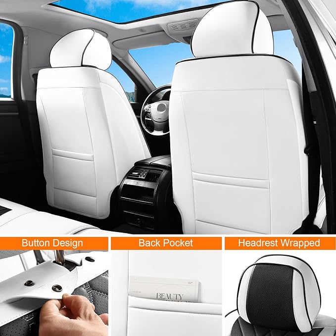 Black White Car Seat Covers Full Set, Full Coverage Luxury Leather Automotive Seat Covers Waterproof Car Seat Protector, Front & Rear Seats Cover Sets Universal Fit for Most Cars SUVs Trucks