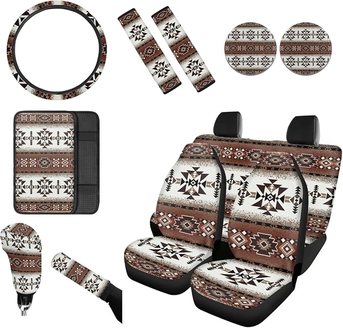 Wanyint Car Seat Covers Full Set 12 Pieces, with Steering Wheel Seat Belt Covers Armrest Pad Handbrake Gear Shift Knob Cover Cup Coaster Universal Fit, Southwest Aztec Dark Brown