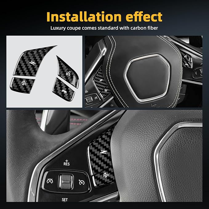 Real Carbon Fiber Steering Wheel Button Covers - 4PCS for Corvette C8 2024 2025 Carbon Fiber Accessories, Anti-Scratch Protective Accessories (Without Heating Button, Black)