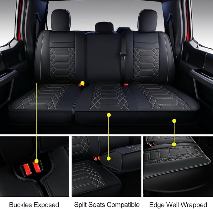 RISINGSTAR F150 Faux Leather Seat Covers, fit for 2015-2026 F150 SuperCrew, and 2017-2026 F250 F350 F450 Super Duty Crew Cab(Full Set, Black&Gray)