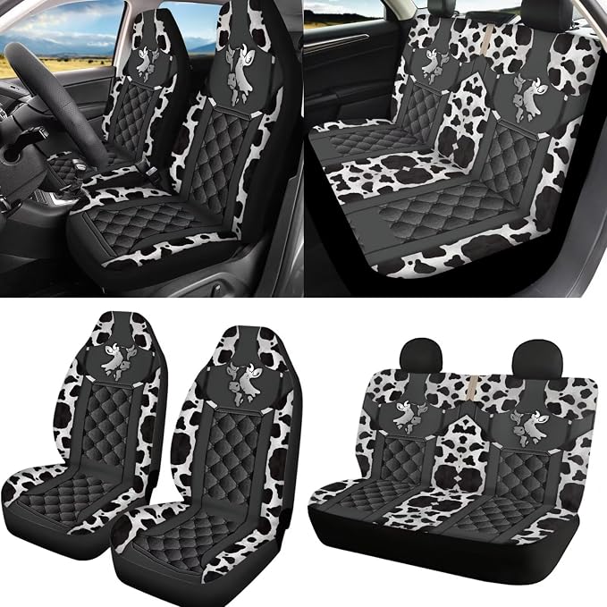 Cow Print Car Seat Cover Full Set with Steering Wheel Cover Non Slip Seat Belt Pads Washable Auto Seat Protector Universal Fit for Cars Trucks SUVs, Black