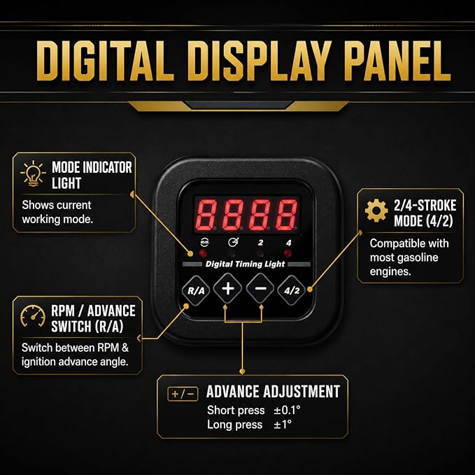Digital Timing Light with Tachometer, 12V Ignition Timing Gun, Automotive Timing Light with Advance Angle, Xenon Timing Strobe Light, Inductive Clamp for 2 and 4 Stroke Engines