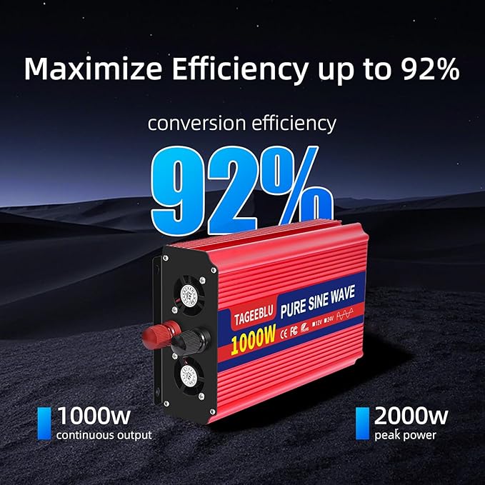 1000W Pure Sine Wave Inverter - 2000W Surge Peak, 24V DC to 110V AC Heavy Duty Power Inverter for RV, Truck, Home, Solar, Off-Grid, Outdoor, Car Converter with Dual AC Outlets and LCD Display