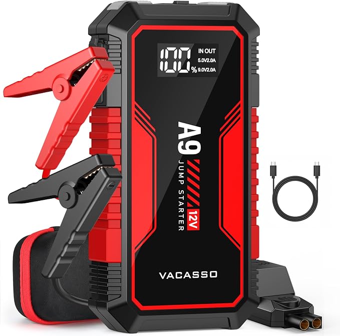 Jump Starter 4000A, VACASSO A9 Battery Jumper Starter Portable (7L Gas/4L Diesel), 12V Car Battery Booster Jump Starters Pack, Jumpstart with USB Ports, Jumper Cables, LED Light, Storage Case
