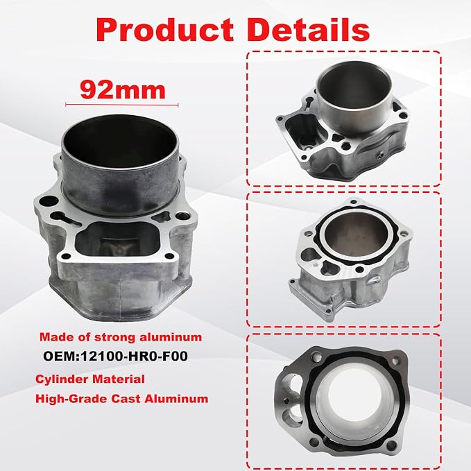 92mm Cylinder Piston Kit with Gaskets Compatible with TRX500 2012-2021 Foreman 500 4x4 Pioneer 500 UTV