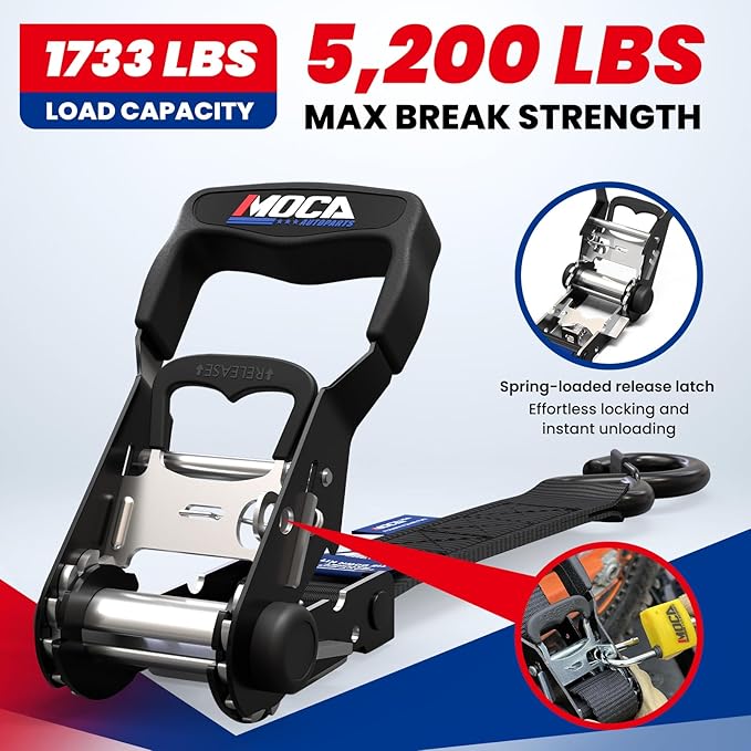 MOCA Black Locking Ratchet Straps - 5200 Lbs Breaking Strength, 1.6" x 8' Locking Tie Down Straps w/ 4 Locks & 4 Heavy Duty Ratchet Padded Handles & Coated Chromoly S Hooks & 4 Soft Loop Tie-Downs