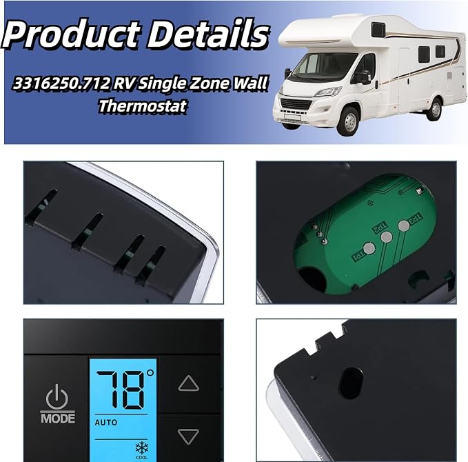 RV Thermostat Compatible with Dometic 3316250.712, 3-Wire Single Zone Control for Cool/Heat, 12V DC, Capacitive Touch, Blue Backlight(Only Fit for 3 Wire)