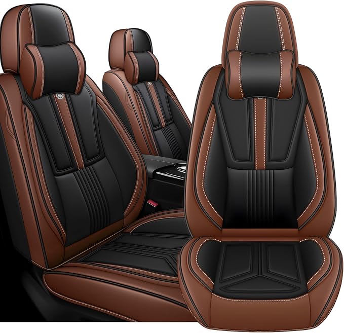 Arazi Fit for 90% of Mercedes-Benz Seat Covers, 360° Full Wrap Original Seat Cover, Waterproof Nappa Leather Seat Covers with Big Space Storage Pocket Seat Protector（2 Seats Luxury, Black&Brown）
