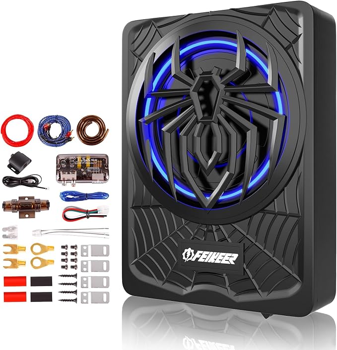 Feikeer 10" 1200W Under Seat Subwoofers with Amp,Slim Underseat Car Subwoofer and Amp Package, Individual Control for Low Pass/Gain/Boost Bass.Deep Bass Perfect for Truck/SUV/Jeep/MPV,Blue LED