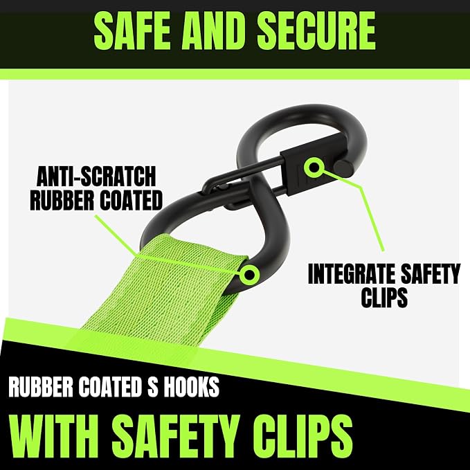 Retractable Ratchet Straps 1 Inch x 12 Feet Heavy Duty Tie Downs,1760lb Break Strength,Self Retracting for Truck,Cargo,Trailer,Motorcycle,ATV,UTV (Fluorescent Green, 4pack)