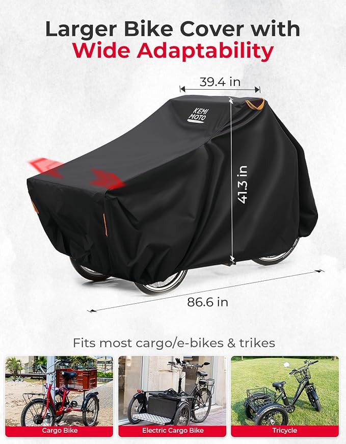 KEMIMOTO Bike Cover Outdoor, 420D Heavy Duty Trike Covers Larger Cargo Bicycle Rain Covers Storage Waterproof UV Protection Windproof Folding, Ebike Tarp for Adult Tricycles, Cargo 3 Wheel Bikes