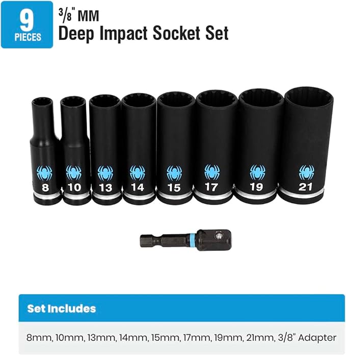 Spyder 9-Piece 3/8-Inch Drive Deep Thin-Walled Metric Impact Socket Set with Adapter (19705)
