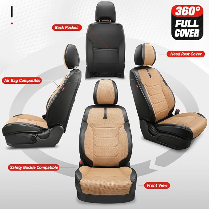 Auto Dynasty Sport Series Leather Car Seat Covers Front Pair, Breathable, Waterproof Faux Leather Automotive Seat Covers for Cars SUV Pick-up Truck Sedan, Universal Anti-Slip Driver Seat Cover, Beige
