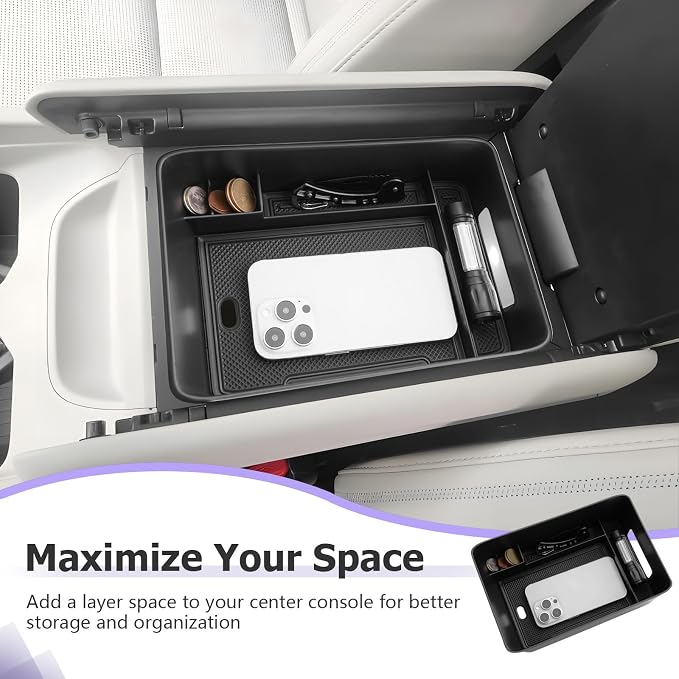 LUWU Center Console Organizer for 2024 2025 2026 Hyundai Santa Fe SE/SEL/XRT/Limited/Calligraphy Accessories Armrest Console Tray Storage Box ABS Material 2025 2026 Santa Fe Accessories Black