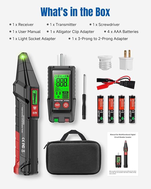 Circuit Breaker Finder with LCD Display, 90-250V Electrical Circuit Tracer Tool with GFCI Outlet Tester, NCV Circuit Tester with Adapters & Carrying Case, Digital Receiver for Home Workshop