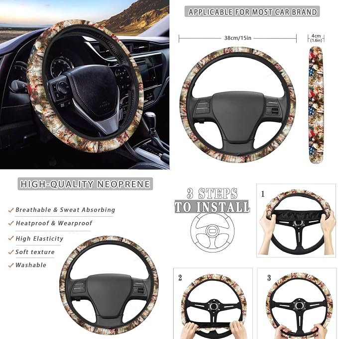 Wanyint Car Seat Covers for Women Men, with Steering Wheel Seat Belt Pads Center Console Handbrake Gear Shift Cover Cup Coaster Holder for 4th of July, Pack of 12, US Flag Eagle Camo Hunting Forest