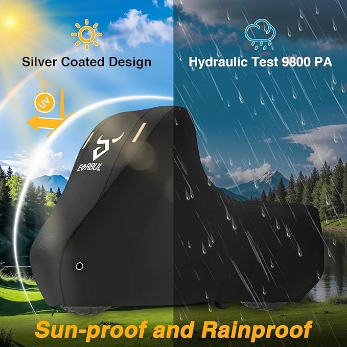 EVRBUL Motorcycle Cover Waterproof Heavy Duty 420D Outdoor Motorbike Sun Cover Compatible with Harley Heritage Softail Classic Fat Boy Softail Slim and up to 98’’ Most Motorcycle (Without Side Box)