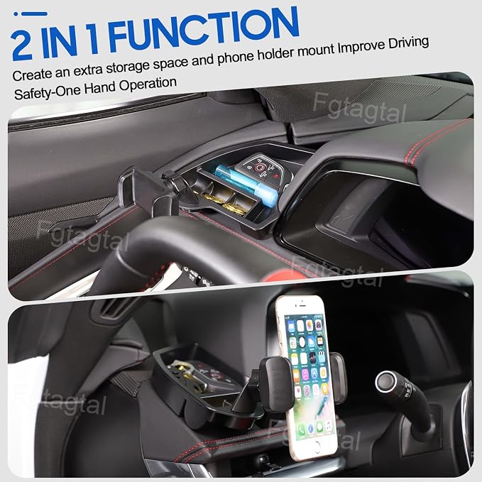Center Console Multi-Mount Phone Holder Storage Box Compatible with Chevrolet Corvette C8 2020-2025, Dashboard Left Side Storage Tray Organizer, Clamping Arms Holder