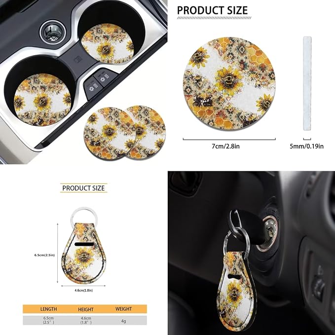Bee Car Seat Covers 12Pcs Sunflower Bee Auto Seat Protection Accessories Full Set with 15Inch Steering Wheel Covers Seatbelt Pad Keychain Coaster Armrest Pads Vehicle Interior Set