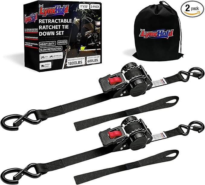 Retractable Ratchet Straps (2-Pack) - Heavy Duty Auto Slow Retraction Tie Down Straps - 1 Inch x 13 Feet (1,800lb Break Strength) for Truck, Cargo Trailer, Motorcycle, ATV, UTV - Black