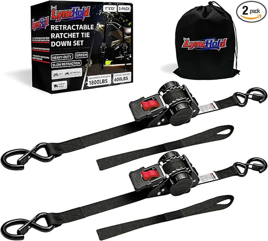 Retractable Ratchet Straps (2-Pack) - Heavy Duty Auto Slow Retraction Tie Down Straps - 1 Inch x 13 Feet (1,800lb Break Strength) for Truck, Cargo Trailer, Motorcycle, ATV, UTV - Black