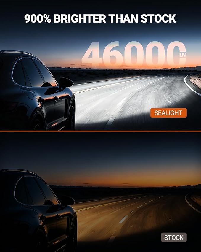 SEALIGHT 9007/HB5 LED Bulb, 900% 46000LM Super Brighter than Origin, 6500K White Canbus Ready, IP68 25000RPM Cooling Fan with 80000Hrs Lifespan, 3Mins Fast Installation, 2 Pack