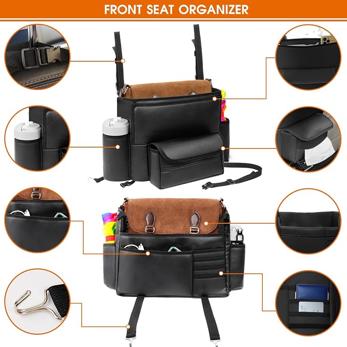 E EASTSTORM Car Purse Holder Between Seats, Car Seat Purse Handbag Holder, Automotive Consoles Organizers Storage Barrier Car Interior Accessories, Leather Large Capacity (Black)