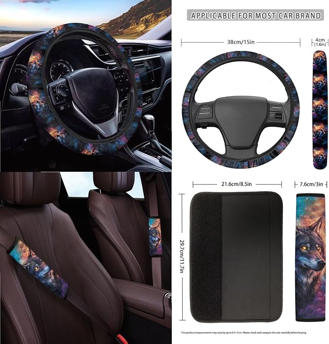 Wolf Galaxy Print 15PCS Car Seat Cover Front Back Seat Protector with Steering Wheel Cushion, Belt Pad, Trash Can Air Vent Bag Mirror Cover Universal Fit Most Cars