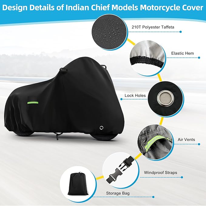 Motorcycle Cover Waterproof for Indian Chief Dark Horse/Chief Bobber/Super Chief Limited, Heavy Duty Outdoor Sun UV Rain Dust All Weather Protection Motorbike Cover with Soft Cotton Lining & Lock Hole