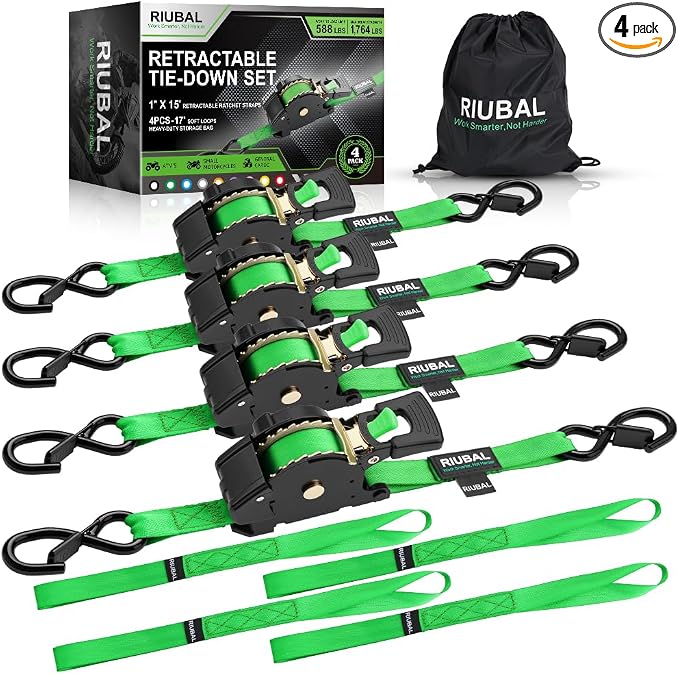Retractable Ratchet Straps (4-Pack) - 1 Inch x 15 Feet (1,764lb Break Strength) - Auto Self Retracting Tie Down Straps Heavy Duty for Motorcycle, ATV, UTV, Truck, Cargo Trailer – Green