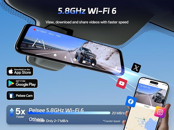 Pelsee S12 Pro Mirror Dash Cam with STARVIS 2 Sensor, Rear View Mirror Camera 5.8GHz WiFi, 4K Front and 1080P Rear Backup Camera for Car, ADAS, Voice Control, Color Night Vision, 64G Meomory Card