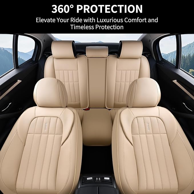 FLORICH Seat Cover, Leather Car Seat Covers Full Set, Waterproof Car Seat Protectors 5 Seats, Front and Rear Seat Covers for Cars, Automotive Seat Protector Fit for Most Sedans SUV Truck - Beige