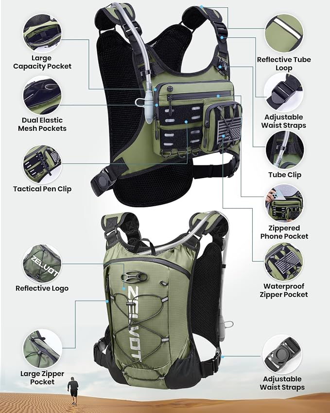 Zelvot Running Vest with 2L Water Bladder, Hydration Backpack, U.S. Design Patent, Lightweight Hydration Pack with Gear Holder, Reflective Chest Pack for Men Women