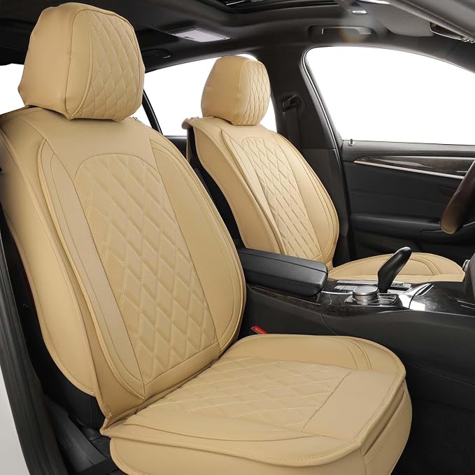 MIROZO Seat Covers Full Set, Leather Car Seat Covers Breathable Car Seat Protector Waterproof Automotive Seat Covers Non Slip Front & Rear Seat Cover Universal Fit for Most Sedan Truck and SUV (Beige)