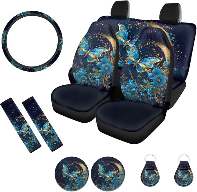 POLERO Floral Butterfly Seat Covers for Cars for Women Front and Rear Split Beach Auto Seat Accessories 11pcs with Cup Holder Coasters
